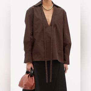 Jill Sander Tie-neck Organic-cotton Poplin Brown Blouse Long Sleeve V Neck